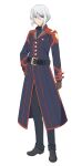  1boy anime_coloring belt black_belt black_coat black_pants black_shoes blue_eyes brown_gloves closed_mouth coat demon_king_academy_school_uniform from_side full_body gloves hair_between_eyes hand_on_own_hip lay_glanzudlii long_sleeves looking_at_viewer male_focus maou_gakuin_no_futekigousha official_art pants popped_collar red_coat red_trim school_uniform second-party_source shoes short_hair simple_background smile smug solo standing transparent_background white_hair yamayoshi_kazuyuki 
