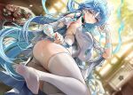  1girl ahoge blue_eyes blue_hair blurry blurry_background blush breasts commentary_request dress fiery_horns fingernails forehead_tattoo hair_intakes hand_up horns large_breasts long_hair looking_at_viewer lying mell_(dmwe3537) no_shoes on_side panties parted_lips qingxiao_(wuthering_waves) soles solo tattoo thighhighs thighs toes underwear white_dress white_panties white_thighhighs wuthering_waves 