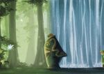  beard blonde_hair dark_skin faceless facial_hair fairy forest full_body ganondorf gerudo green_hat green_tunic hat highres leaf link mulsu_ww multiple_boys nature navi ocean outdoors pastel_colors phrygian_cap robe standing stitched the_legend_of_zelda the_legend_of_zelda:_ocarina_of_time the_legend_of_zelda:_the_wind_waker toon_link tree tunic very_long_ears water waterfall young_link 