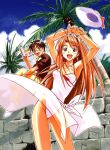  1boy 1girl akamatsu_ken antenna_hair bandaid blue_sky book brown_eyes cloud cloudy_sky cross cross_necklace duplicate earrings hat hat_ribbon holding holding_book jewelry love_hina narusegawa_naru necklace official_art one-piece_swimsuit own_hands_clasped own_hands_together palm_tree reading red_ribbon ribbon sarong see-through_clothes see-through_sarong sky sun_hat swimsuit tama_(love_hina) tassel tassel_earrings third-party_source tree tropical turtle twisted_torso urashima_keitarou white_one-piece_swimsuit wind 