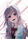  1girl absolut_vodka absurdres ahoge alcohol alisa_mikhailovna_kujou artist_name black_vest blue_eyes blush bottle bow bowtie collarbone collared_shirt dalim_diki english_commentary glass_bottle grey_hair grey_jacket highres holding holding_bottle jacket long_hair long_sleeves looking_at_viewer open_mouth red_bow red_bowtie school_uniform seiren_academy_school_uniform shirt simple_background smile solo teeth tokidoki_bosotto_roshia-go_de_dereru_tonari_no_alya-san upper_body upper_teeth_only vest vodka white_background white_shirt 