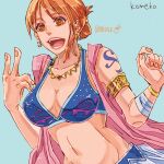  1girl arabian_clothes armlet artist_name bandaged_arm bandages bangle bare_shoulders blue_background bracelet breasts brown_eyes character_name cleavage collarbone commentary_request crop_top earrings food fruit gold_armlet gold_bangle gold_necklace hair_up harem_outfit highres jewelry komeko_(strikek-lvvjm27) large_breasts looking_at_viewer mandarin_orange midriff nami_(one_piece) navel necklace official_alternate_costume official_alternate_hairstyle one_piece open_mouth orange_hair pink_lips short_hair shoulder_tattoo single_sidelock solo stomach tattoo upper_body v 
