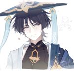  1boy artist_name black_bodysuit black_hair blue_cape blue_hat blue_jingasa blunt_ends bodysuit cape closed_mouth colored_inner_hair commentary covered_collarbone cropped_torso ebiumii english_commentary eyeliner genshin_impact gold grey_hair hat heart highres japanese_clothes jingasa kimono makeup male_focus mandarin_collar multicolored_hair open_clothes open_kimono portrait purple_eyes red_eyeliner scaramouche_(genshin_impact) shoulder_peek side_cape signature smile solo tsurime wanderer_(genshin_impact) white_kimono wispy_bangs wolf_cut 
