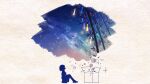  1girl abstract bamboo barefoot bubble check_commentary commentary_request dreaming endlesscat highres night open_box original painterly qixi_festival scenery short_hair silhouette skirt star_(sky) surreal tanabata 