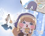 1boy 2girls absurdres black_trim black_veil blonde_hair blue_eyes blush blush_stickers bribery capelet cassock chibi clerical_collar commentary_request cure_macaron detached_wings dress erpin_(trickcal) fewer_digits food gameplay_mechanics highres holding holding_food leader_(trickcal) long_hair long_sleeves macaron multiple_girls ner_(trickcal) nun nun_headdress open_mouth prismglasses puffy_cheeks running skirt smile trickcal veil very_long_hair white_capelet wing_flapping wings 