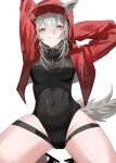  1girl absurdres animal_ears arknights black_one-piece_swimsuit breasts commentary_request covered_navel ears_through_hood grey_hair highres hood hood_up hooded_jacket horobu jacket kneeling looking_at_viewer medium_breasts medium_hair official_alternate_costume one-piece_swimsuit open_clothes open_jacket projekt_red_(arknights) projekt_red_(light_breeze)_(arknights) simple_background solo swimsuit tail thighs white_background wolf_ears wolf_girl wolf_tail yellow_eyes 