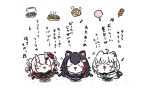  3girls :3 animal_ears apple_anzu ayafubumi_(hololive) bell black_dress black_hair black_kimono black_shorts blush_stickers braid chibi chibi_only chiikawa closed_eyes commentary_request cotton_candy crossover demon_girl demon_horns double_bun dress facing_away food fox_ears fox_girl fox_tail from_above full_body grey_hair hair_bell hair_bun hair_ornament hairclip highres hololive horns japanese_clothes kimono long_hair mask multicolored_hair multiple_girls musical_note nakiri_ayame nakiri_ayame_(1st_costume) noodles oni_mask ookami_mio ookami_mio_(1st_costume) open_mouth shirakami_fubuki shirakami_fubuki_(1st_costume) shirt shorts simple_background singing single_braid skewer standing streaked_hair tail takoyaki translation_request virtual_youtuber white_background white_hair white_shirt wolf_ears wolf_girl wolf_tail 
