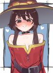  1girl black_choker blush breasts brown_hair brown_hat choker collarbone commentary dress english_commentary hat heart highres kono_subarashii_sekai_ni_shukufuku_wo! megumin nico-mo red_dress red_eyes short_hair_with_long_locks sidelocks small_breasts smile witch_hat 