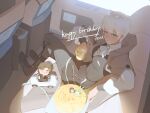  1girl artist_name ascot black_boots black_pants black_skirt black_vest boots brown_capelet cake capelet car car_interior character_doll chinese_commentary collared_shirt commentary_request crossed_legs cup cytus cytus_ii doll drinking_glass food from_above green_eyes happy_birthday highres holding holding_cup ilka_(cytus) long_sleeves looking_at_viewer motor_vehicle pants puffy_long_sleeves puffy_sleeves rald_neumann shirt short_hair sitting skirt trove vest white_ascot white_hair white_shirt 
