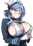  1girl absurdres ako_(blue_archive) bell blue_archive blue_eyes blue_hair blue_hairband blue_halo blue_jacket blush breasts cleavage clothes_between_exposed_breasts commentary_request cowbell crossed_bangs earrings hair_between_eyes hairband halo highres huge_breasts jacket jewelry long_hair long_sleeves looking_at_viewer neck_bell oogeimajimari open_mouth partially_unbuttoned red_ribbon ribbon shirt sideboob sideless_outfit sideless_shirt simple_background sketch solo stud_earrings white_background white_shirt 