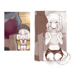  2girls absurdres animal_ears bang_dream! bang_dream!_it's_mygo!!!!! blush crop_top dog_ears dog_tail highres kemonomimi_mode long_hair medium_hair misumi_uika multiple_girls open_mouth reference_inset sayasora shirt shorts sitting standing sweat tail togawa_sakiko 