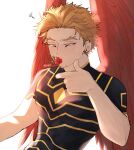  1boy blonde_hair boku_no_hero_academia commentary earrings feathers food fruit hawks_(boku_no_hero_academia) highres hrs_0cl jewelry light_blush male_focus mouth_hold red_feathers red_wings saliva short_hair simple_background solo strawberry twitter_username untranslatable_commentary upper_body white_background wings yellow_eyes 