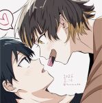  2boys adam's_apple bachira_meguru black_hair blonde_hair blue_lock blush dated eye_contact face-to-face from_side heart highres isagi_yoichi looking_at_another male_focus multicolored_hair multiple_boys short_hair simple_background toneon00 twitter_username two-tone_hair white_background yaoi 