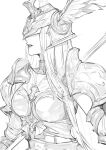  1girl absurdres armor boobplate collar covered_eyes final_fantasy final_fantasy_xiv from_side greyscale halone_(ff14) helmet highres long_hair metal_collar monochrome parted_lips pauldrons shixiuosamu shoulder_armor simple_background sketch solo straight_hair upper_body white_background winged_helmet 