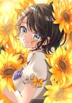  1girl absurdres black_skirt blue_eyes brown_hair closed_mouth commentary_request flower highres hololive looking_at_viewer official_alternate_costume oozora_subaru oozora_subaru_(starlight) shirt short_hair skirt smile solo sunflower user_nkum4425 virtual_youtuber white_shirt 