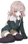  1girl animal_bag bag breasts brown_hair cat_bag collared_shirt danganronpa_(series) danganronpa_2:_goodbye_despair feet_out_of_frame flipped_hair hair_ornament highres hood jacket long_sleeves looking_at_viewer medium_hair myusi_(gdg1470361) nanami_chiaki neck_ribbon open_clothes open_jacket pink_bag pink_eyes pink_ribbon pleated_skirt ribbon shirt skirt solo thighhighs white_shirt 