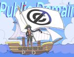 1girl :o anchor belt ben-day_dots bicorne black_coat black_hair black_hat black_pants blue_eyes boots braid brown_boots buttons cloud cloudy_sky coat commentary copyright_notice day double-breasted english_commentary english_text flag floating_clothes floating_hair hat highres holding holding_flag hook_hand jaggy_lines jitome knee_boots long_hair looking_afar multiple_belts no_symbol on_ship open_clothes open_coat original outdoors oversized_object pants phonetik piracy pirate_costume pirate_hat pirate_ship red_shirt screentones shirt single_braid sky solo standing striped_clothes striped_shirt two-tone_shirt white_shirt wide_shot wind 