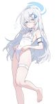  1girl absurdres arm_strap barefoot blue_archive blue_halo blue_ribbon breasts clothes_pull colored_eyelashes commentary covered_navel detached_collar frontal_wedgie gradient_eyes hair_ornament halo highleg highleg_one-piece_swimsuit highres leg_up long_hair long_single_sidelock looking_at_viewer multicolored_eyes neck_ribbon nonddu one-piece_swimsuit one-piece_swimsuit_pull orca_hair_ornament ribbon sayuri_(blue_archive) self_wedgie small_breasts solo swimsuit thigh_strap toes untranslatable_commentary wedgie white_background white_eyelashes white_hair white_one-piece_swimsuit x_hair_ornament 