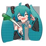  1girl :d ^_^ absurdres ahoge bare_shoulders black_sleeves blue_hair blue_necktie blush_stickers border closed_eyes collared_shirt commentary cropped_torso detached_sleeves double-parted_bangs food grey_background grey_shirt hair_between_eyes hand_up hatsune_miku highres holding holding_food holding_spring_onion holding_vegetable long_hair long_sleeves necktie open_mouth outside_border rennkurusu shirt sleeveless sleeveless_shirt smile solo spring_onion tie_clip twintails vegetable very_long_hair vocaloid white_border wide_sleeves 