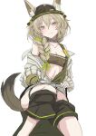  1girl absurdres arknights bandeau beanstalk_(arknights) black_collar black_hat black_shorts blush braid breasts brown_bandeau brown_hair cleavage clothes_pull collar commentary_request ears_through_headwear feet_out_of_frame gloves green_ribbon hair_ribbon hat highres hyena_ears hyena_girl hyena_tail infection_monitor_(arknights) invisible_chair ken_(shutenndouji1) long_hair looking_at_viewer off_shoulder open_clothes open_shirt panties panty_pull pink_eyes ribbon shirt shorts shorts_pull simple_background single_glove sitting small_breasts smile solo underwear undressing white_background white_shirt yellow_gloves 
