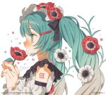  1girl anemone_(flower) aqua_eyes aqua_hair blush commentary_request flower flower_to_mouth frilled_hairband frills from_side gradient_hair grey_hair hair_flower hair_ornament hairband hatsune_miku hatsune_miku_(noodle_stopper)_(anemone) holding holding_flower long_hair looking_ahead multicolored_eyes multicolored_hair number_tattoo official_alternate_costume open_mouth otonarisan_e profile red_flower sidelocks solo tattoo twintails upper_body vocaloid watermark white_flower white_hairband 