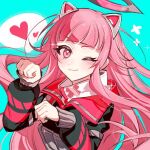  1girl alternate_hair_length_(longer) black_jacket blush close_game/offline_(project_sekai) closed_mouth commentary_request gloves halo heart jacket long_hair long_sleeves looking_at_viewer luoyuedalao mechanical_ears mechanical_halo official_alternate_costume official_alternate_hairstyle one_eye_closed ootori_emu pink_eyes pink_hair project_sekai smile solo 