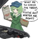 1girl blue_hat camouflage camouflage_hat camouflage_shirt camouflage_skirt car car_keys closed_mouth commentary english_commentary english_text green_eyes green_hair green_shirt green_skirt hat highres honda jewelry key key_necklace long_sleeves looking_at_viewer maintenance medium_hair motor_vehicle necklace shirt simple_background skirt smile solo speech_bubble touhou toyota white_background xinumizu yamashiro_takane 