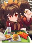  1girl ashley_(warioware) bag big_hair big_mac black_hair blush burger cup disposable_cup dress drinking_straw fast_food food french_fries hairband highres holding holding_food long_hair long_sleeves looking_at_viewer matchamassa mcdonald&#039;s neckerchief orange_hairband orange_neckerchief paper_bag pov reaching_towards_viewer red_dress red_eyes sailor_collar sitting skull skull_ornament solo sweatdrop very_long_hair warioware witch yellow_sailor_collar 