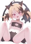  1girl ahoge animal_cutout animal_ear_fluff animal_ears animal_hands bell black_bra black_panties blonde_hair blush bra breasts brown_hair cat_cutout cat_ear_panties cat_ears cat_girl cat_lingerie cleavage_cutout clothing_cutout collar commentary english_commentary fake_animal_ears fangs flat_chest frilled_bra frills gigi_murin gloves highres hololive hololive_english jingle_bell looking_at_viewer multicolored_hair neck_bell open_mouth panties paw_gloves pink_eyes shironekoshi short_hair simple_background sitting small_breasts smile solo stomach strap_slip streaked_hair tail twintails two-tone_hair underwear underwear_only virtual_youtuber white_background 