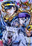  1boy 1girl 2024 adversarial_noise arrow_(projectile) ashiya_kouhei asirpa black_hair blue_eyes blue_hair bow_(weapon) brown_eyes clenched_teeth commentary_request criss-cross_halter drawing_bow earrings fur_trim golden_kamuy gun halterneck hat headband highres holding holding_bow_(weapon) holding_weapon hoop_earrings jewelry marker_(medium) military_hat purple_headband redrawn retar rifle scar scar_on_cheek scar_on_face scar_on_mouth scar_on_nose serious shirt signature striped_clothes striped_shirt sugimoto_saichi teeth traditional_media v-shaped_eyebrows watermark weapon wolf 