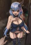  1girl alternate_costume alternate_hairstyle aqua_(konosuba) artist_name babydoll bare_shoulders black_garter_belt blue_babydoll blue_eyes blue_hair blue_panties blue_thighhighs bow bow_panties breasts collarbone commentary doorway english_commentary feet_out_of_frame flower garter_belt garter_straps hair_between_eyes hair_flower hair_ornament halterneck hand_on_own_chest highres indoors jewelry kono_subarashii_sekai_ni_shukufuku_wo! large_breasts long_hair looking_at_viewer low_twintails navel necklace ola_(bunnyfly) open_mouth panties pov pov_hands solo_focus standing string_panties thighhighs twintails underwear very_long_hair 
