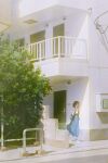  1girl apartment backpack bag black_hair blue_skirt building chain-link_fence commentary day door fence fjsmu glasses highres holding_strap long_skirt medium_hair original outdoors puffy_short_sleeves puffy_sleeves road scenery shoes short_sleeves skirt socks solo tree walking white_shoes wide_shot 