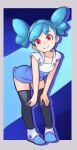  1girl aqua_hair bent_over blue_dress blue_shorts border cosplay drantyno dress hands_on_own_knees highres looking_at_viewer mega_man:_dual_override mega_man_(classic) mega_man_(series) red_eyes robot robot_girl roll_(mega_man) roll_(mega_man)_(cosplay) shirt shorts solo space swept_bangs thighhighs twinkle_girl two_side_up white_border white_shirt 