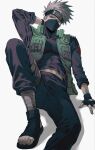 1boy arm_behind_head commentary_request covered_pectorals eyelashes forehead_protector green_jacket grey_hair hatake_kakashi highres jacket konohagakure_shinobi_uniform konohagakure_symbol male_focus midriff_peek naruto_(series) naruto_shippuuden navel open_clothes open_jacket pectorals sharingan short_hair sign_s08 simple_background sitting solo twitter_username unzipped white_background 