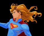  1girl black_background blonde_hair blue_eyes blue_shirt cape dc_comics long_hair long_sleeves red_cape shirt simple_background supergirl supergirl_(2026) superhero_costume superman_(series) superman_logo vickychendraws 