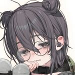  1girl antennae bags_under_eyes black_hair blush brown_eyes camouflage collar commentary double_bun freckles glasses hair_between_eyes hair_bun highres holding jacket looking_at_viewer medium_hair messy_hair original portrait round_eyewear simple_background solo sweat untranslatable_commentary white_background yoru_uyo 