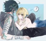  1boy 1girl ? absurdres ahoge arm_tattoo bandaged_arm bandages black_hair black_pants blonde_hair blue_background blush breasts cleavage closed_mouth clothed_male_nude_female commentary_request completely_nude crossed_arms fins genshin_impact green_hair grey_hoodie hair_between_eyes head_fins hetero highres hood hood_down hoodie km1905632688853 lumine_(genshin_impact) lying medium_breasts merfolk mermaid monster_girl monsterification multicolored_hair nude pants short_hair short_hair_with_long_locks sidelocks sleeveless sleeveless_hoodie spoken_question_mark tattoo topless_female xiao_(genshin_impact) yellow_eyes 