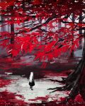 1girl black_dress commentary dress forest full_body giant_tree nature opera865no original outdoors red_leaf scenery solo standing tree white_hair 