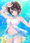  1girl absurdres ahoge air_bubble arm_up bikini blue_eyes blush breasts brown_hair bubble closed_mouth commentary_request hair_ornament highres hololive jewelry looking_at_viewer medium_breasts nail_polish navel necklace oozora_subaru oozora_subaru_(holonatsu_paradise) pearl_necklace short_hair smile solo starfish_hair_ornament swimsuit underwater user_nkum4425 virtual_youtuber water white_bikini yellow_nails 