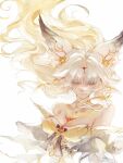  1girl absurdres animal_ear_fluff animal_ears bare_shoulders blonde_hair breasts chest_tattoo cleavage colored_eyebrows commentary detached_sleeves dress dress_flower elenoriya english_commentary floating_hair flower flower_hairclip forehead_jewel forehead_tattoo fox_ears fox_girl hair_ornament highres hsin_(wuthering_waves) large_breasts long_hair looking_at_viewer orange_eyes simple_background smile solo tattoo upper_body white_background white_dress white_hair wuthering_waves yellow_dress 