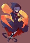  1girl bell blue_eyes braid bright_pupils brown_background chain cloak commentary_request curse_maker curse_maker_2 full_body highres hoku hood hood_up hooded_cloak medallion neck_bell parted_lips purple_cloak purple_hair purple_socks sekaiju_no_meikyuu sekaiju_no_meikyuu_1 shaded_face simple_background socks solo twin_braids two-sided_cloak two-sided_fabric white_pupils 