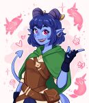  1girl artist_name belt_pouch blue_skin bob_cut brown_bustier bustier capelet colored_skin commentary critical_role curved_horns demon_girl demon_horns demon_tail dungeons_&amp;_dragons earrings english_commentary eyelashes fingerless_gloves gloves green_capelet heart highres horns jester_lavorre jewelry kaaileen looking_at_viewer nose open_mouth pink_eyes pointy_ears pouch short_hair solo tail teeth the_mighty_nein tiefling upper_body upper_teeth_only 