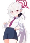  1girl blue_archive blue_shorts blush breasts commentary cowboy_shot fuyuka_natsuki grin halo highres long_hair looking_at_viewer mutsuki_(blue_archive) necktie pointy_ears red_eyes red_halo red_necktie short_shorts shorts simple_background single_sidelock small_breasts smile solo very_long_hair white_background white_hair 