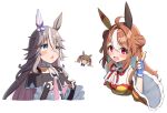  3girls ahoge breasts bridal_gauntlets brown_hair chibi cleavage clenched_hands copano_rickey_(umamusume) detached_sleeves double_bun dress ear_covers gradient_eyes hair_bun hair_ornament highres long_hair looking_at_viewer medium_breasts multicolored_eyes multicolored_hair multiple_girls pink_dress pointing pointing_up px-tea red_eyes simple_background smart_falcon_(umamusume) streaked_hair thick_eyebrows twintails umamusume upper_body white_background white_hair wonder_acute_(umamusume) yellow_dress yellow_eyes 