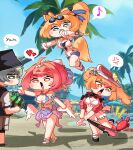 1boy 3girls absurdres ahoge anger_vein animal_ears armlet baseball_bat beach bead_armlet bikini bikini_skirt blonde_hair blue_one-piece_swimsuit blue_sky breasts bucket_hat chibi commentary crab cup diving_mask diving_mask_around_neck drinking_straw drinking_straw_in_mouth english_commentary feathered_wings food frilled_one-piece_swimsuit frills fruit game_screenshot_background goggles goggles_on_head green_eyes grey_hair hair_ornament hair_scrunchie hat heart high_ponytail highres holding holding_baseball_bat holding_cup holding_food holding_fruit horse_ears horse_girl horse_tail jacket jewelry large_breasts long_hair luciana_de_montefio luciana_de_montefio_(princess_on_holiday) metal_baseball_bat multiple_girls musical_note official_alternate_costume one-piece_swimsuit open_mouth outdoors palm_tree pink_hair pink_jacket pink_visor_cap ponytail purple_sarong red_eyes remielle_dan remielle_dan_(seashade_pas_seul) sand sarong scar scar_on_face screenshot_background scrunchie seogu_tjwn shell shell_hair_ornament short_hair side_ponytail sigrid_de_l'azur sigrid_de_l'azur_(majestic_wavechaser) skirt sky speech_bubble spoken_anger_vein spoken_heart spoken_musical_note swim_goggles swimsuit tail thought_bubble tree two-tone_one-piece_swimsuit visor_cap water watermelon white_bikini white_one-piece_swimsuit white_skirt white_wings wings wise_(peaceful_waves)_(zenless_zone_zero) wise_(zenless_zone_zero) zenless_zone_zero 