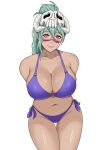  1girl absurdres alternate_costume alternate_hairstyle armpit_crease arms_behind_back artist_name bikini bleach blush breasts brown_eyes cleavage closed_mouth collarbone commentary cowboy_shot dark-skinned_female dark_skin double-parted_bangs eyelashes facial_mark green_hair groin hair_between_eyes halterneck highres large_breasts lazier leaning_forward lips long_hair looking_at_viewer navel nelliel_tu_odelschwanck o-ring o-ring_bikini o-ring_top ponytail purple_bikini side-tie_bikini_bottom simple_background skull_on_head smile solo string_bikini swimsuit tan thigh_gap thighs triangle_bikini_top white_background 