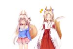  +++ 2girls :d ^_^ animal_ears blonde_hair blue_bow blue_jacket bow braid brown_hair camisole closed_eyes fox_ears fox_girl fox_tail frilled_camisole frilled_skirt frills hair_bow hakama hakama_skirt haryuu_(poetto) highres jacket japanese_clothes kimono long_hair long_sleeves miko multiple_girls off_shoulder one_side_up open_clothes open_jacket original parted_bangs pink_skirt pleated_skirt ponytail red_hakama ribbon-trimmed_sleeves ribbon_trim simple_background skirt smile standing tail very_long_hair white_background white_camisole white_kimono wide_sleeves 
