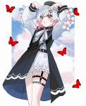  1girl absurdres arms_up belt beret black_choker black_coat black_hat border bug butterfly center_frills choker coat collared_coat commentary_request cowboy_shot double_v flower flower-trimmed_shorts flower-trimmed_sleeves frills gradient_hair hair_flower hair_ornament hat hat_flower hat_ribbon highres long_sleeves looking_at_viewer mahou_shoujo_no_majo_saiban multicolored_hair neck_ribbon o-ring o-ring_thigh_strap open_mouth pants pink_eyes pink_hair red_butterfly ribbon sakuraba_ema shirt short_hair shorts sleeveless sleeveless_coat solo thigh_strap tsuyu_yomi v white_border white_flower white_hair white_pants white_ribbon white_shirt white_shorts white_sleeves x_hair_ornament 