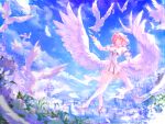  1girl absurdres bare_shoulders bird blue_sky breasts chinese_commentary cleavage cloud commentary_request detached_sleeves dove dress falling_feathers feathered_wings feathers full_body glistunya hair_intakes hair_ornament high_heels highres large_breasts long_sleeves looking_at_viewer low_wings meadow medium_hair mixed-language_commentary outdoors pink_eyes pink_hair pointy_ears remielle_dan short_dress sky smile solo thighhighs white_dress white_feathers white_sleeves white_thighhighs white_wings wings zenless_zone_zero 