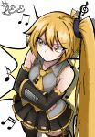  1girl absurdres akita_neru antenna_hair bare_shoulders black_skirt black_sleeves black_thighhighs blonde_hair breasts collarbone collared_shirt commentary cowboy_shot crossed_arms detached_sleeves double-parted_bangs english_commentary frilled_shirt frills from_above frown furrowed_brow grey_shirt hair_between_eyes highres leelee_903 long_hair looking_to_the_side medium_breasts miniskirt musical_note_background necktie one_side_up pleated_skirt shirt sideways_glance signature simple_background skirt sleeveless sleeveless_shirt solo standing thighhighs tie_clip v-shaped_eyebrows vocaloid white_background yellow_eyes yellow_necktie 